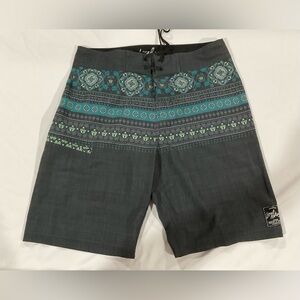 Local Motion Board Shorts Swim Trunks Gray‎ Teal Hawaii Pattern Men's